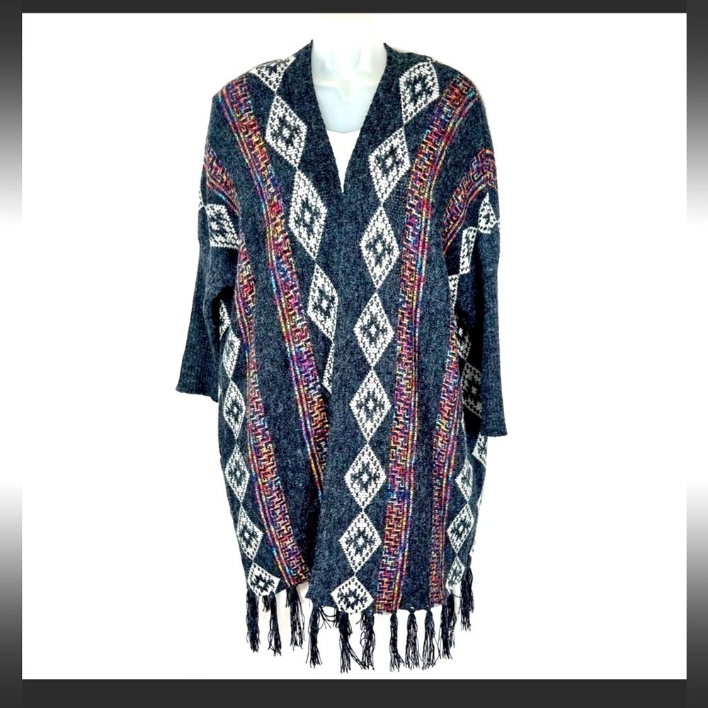 Dreamers Long Gray Open Cardigan Boho Fringe Style Womens Size Medium/large.